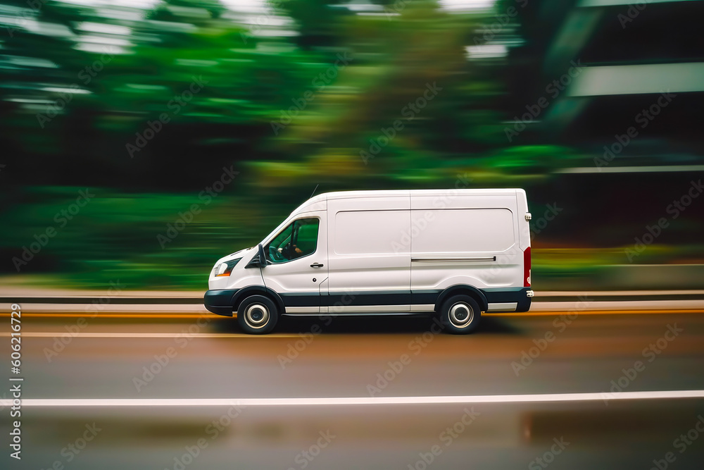 Delivery van in motion. Delivery car in its way. Cargo van driving. Blurred city streets in background. Generative AI