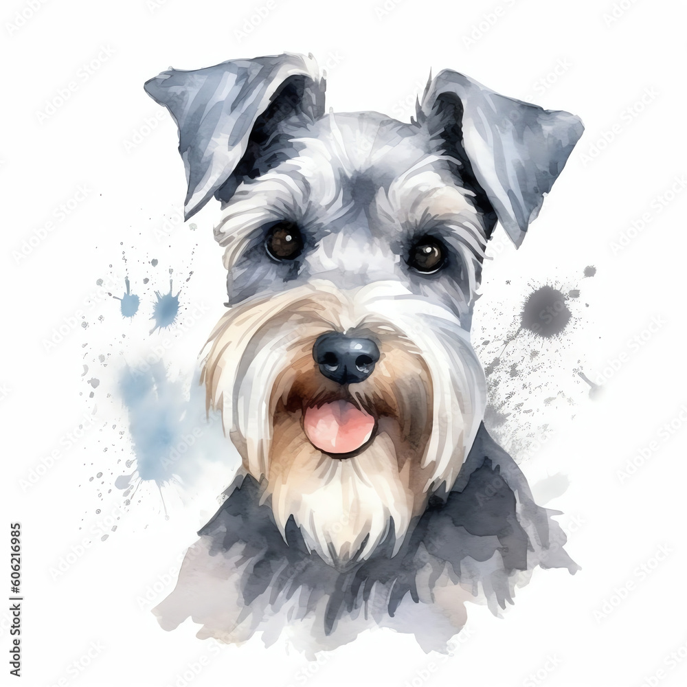 schnauzer cartoon dog watercolor clipart in white background Generative AI.