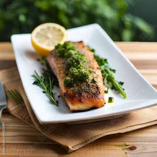 Baked Herb-Crusted Fish with Lemon Garnish This image showcases a beautifully cooked baked fish dish with a herb-crusted exterior