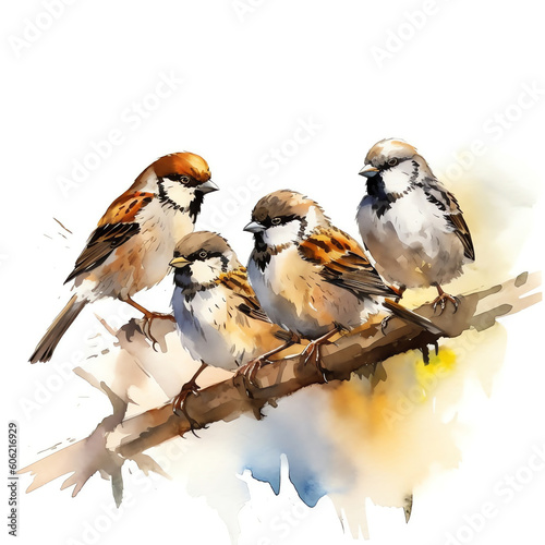 A lot of small funny birds sparrows sitting on a branch on the panoramic picture Generative AI.