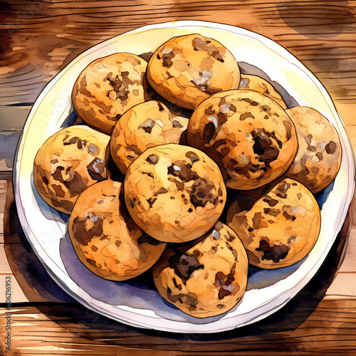 AI generated Plate with delicious chocolate chip cookies on wooden table, in the style of watercolors Generative AI.