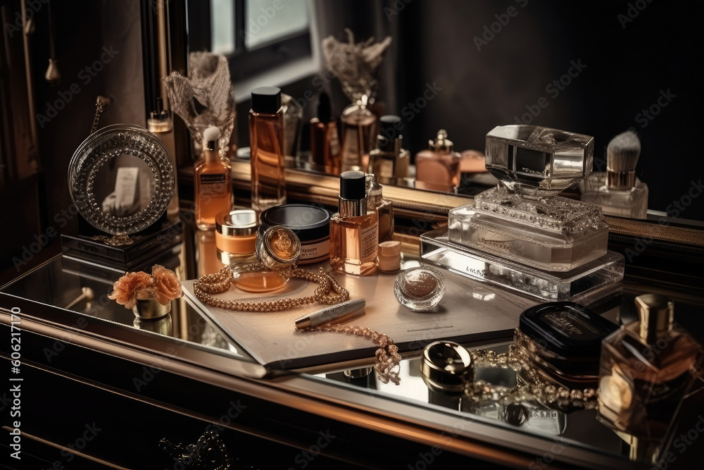 Dressing table with cosmetics, jewelry and perfume. Generative AI. Dressing table with cosmetics, jewelry and perfume. Generative AI.