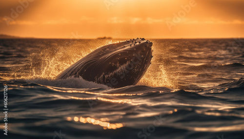 Playful humpback whale splashing in sunset waves generated by AI © Jeronimo Ramos
