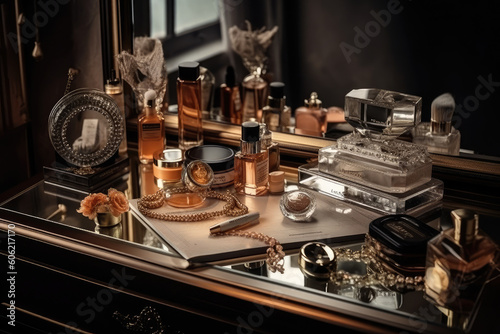 Dressing table with cosmetics, jewelry and perfume. Generative AI.