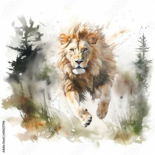 Generative AI Lion. Artistic  color  realistic portrait of a lion walking forward on a white background with watercolor splashes.