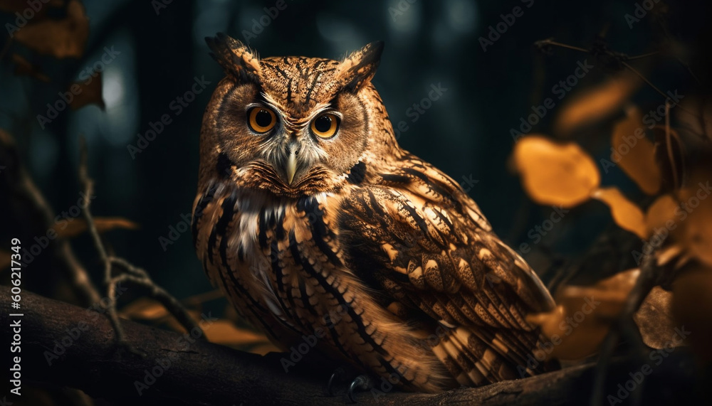 Great horned owl perching on tree branch generated by AI Great horned owl perching on tree branch generated by AI