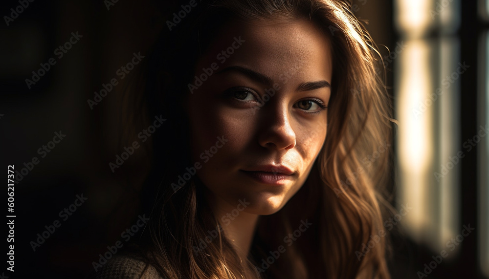 Fototapeta premium Beautiful young woman looking at camera outdoors generated by AI