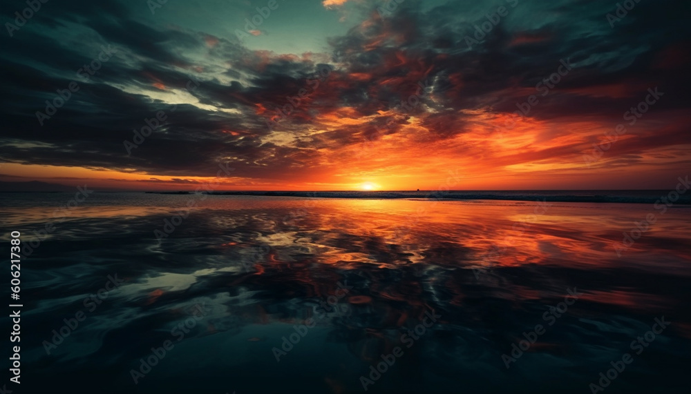 Sunset over tranquil seascape, nature beauty majestically displayed generated by AI