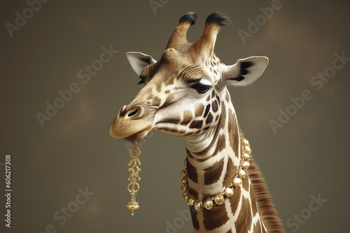 a giraffe wearing a necklace