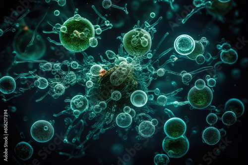 Phytaplankton under a microscope. Generative AI.