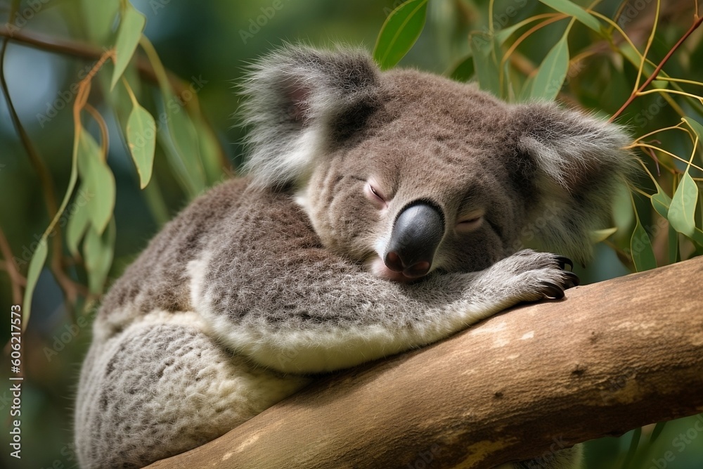 Fototapeta premium AI Generated Image of a cuddly koala bear sleeping comfortably on a eucalyptus tree branch