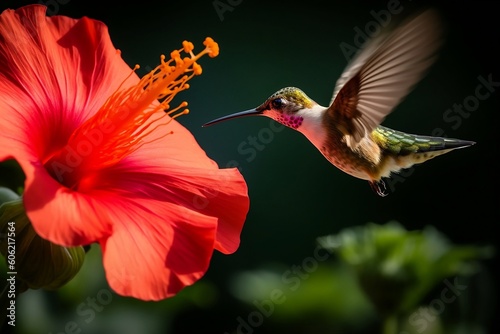 AI Generated Image of a cute, tiny hummingbird hovering in mid-air, sipping nectar from a vibrant flower