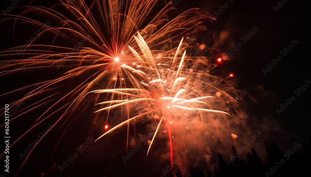 July fourth celebration exploding firework display illuminates night generated by AI July fourth celebration exploding firework display illuminates night generated by AI