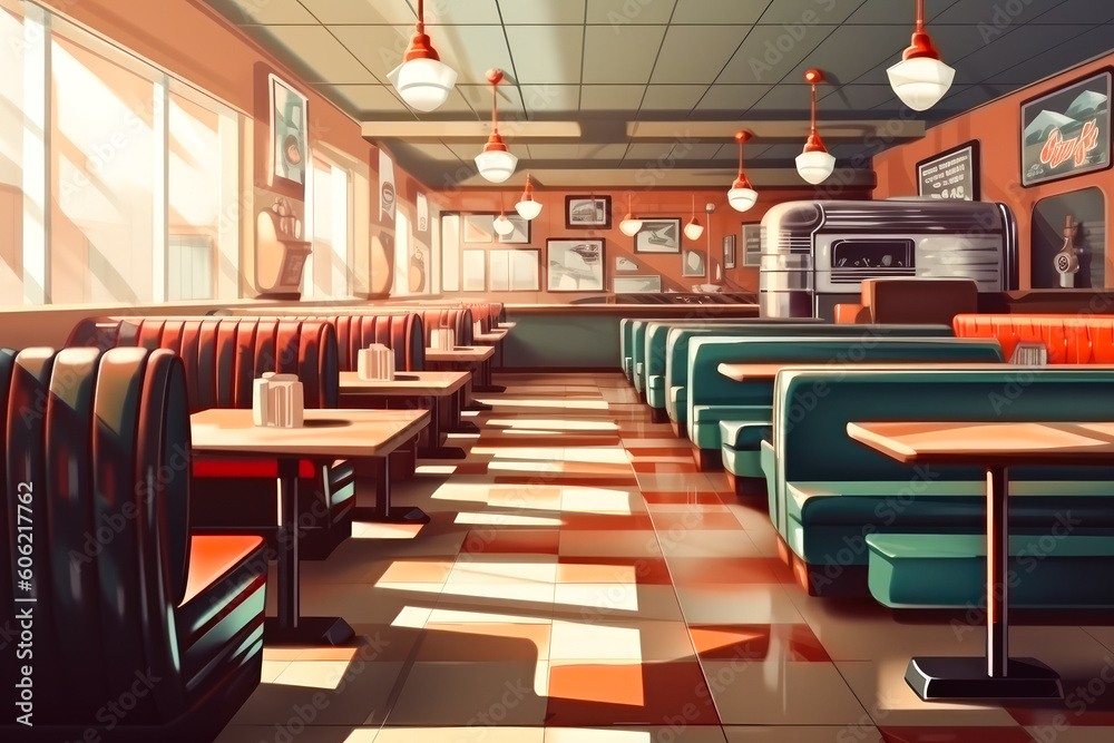 Retro American Restaurant Interior with Tables, Sofas and Memorabilia. Generative AI