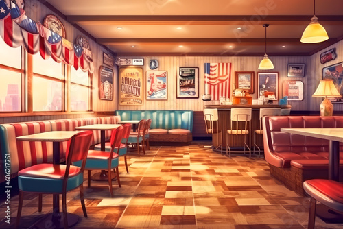 Retro American Restaurant Interior with Tables, Sofas and Memorabilia. Generative AI © MVProductions