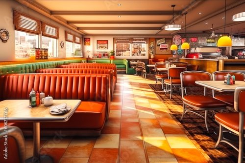 Retro American Restaurant Interior with Tables, Sofas and Memorabilia. Generative AI © MVProductions