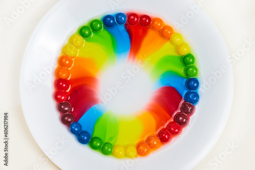 Top down view of rainbow skittles candy on white plate with tie die circle photo