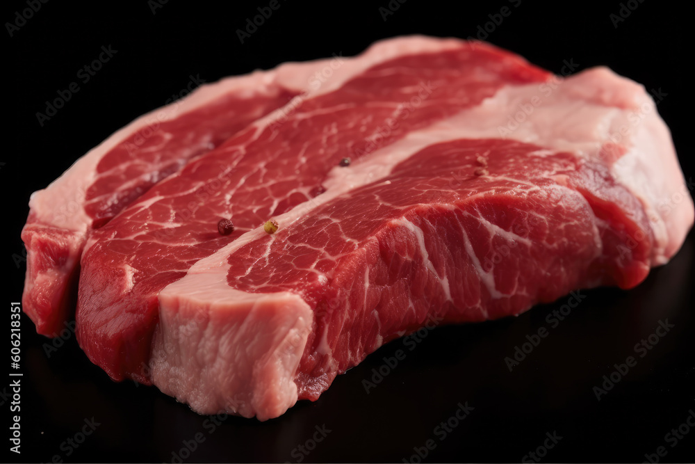 Fresh raw angus meat for barbecue on the grill, rump steak, on top of wooden board, close-up. Generative AI.