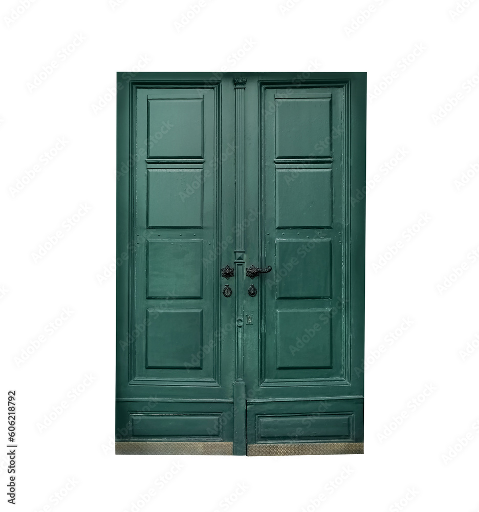 Green doors on white background