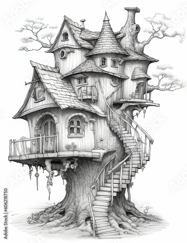 Whimsical Treehouse Haven: A Fantasy Grayscale Coloring Page, Generative AI