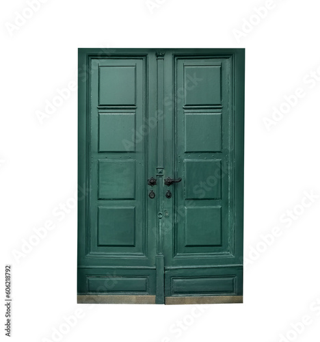 Green doors on white background