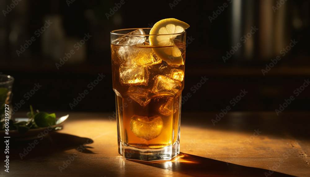 Refreshing whiskey cocktail on wooden bar table generated by AI Refreshing whiskey cocktail on wooden bar table generated by AI