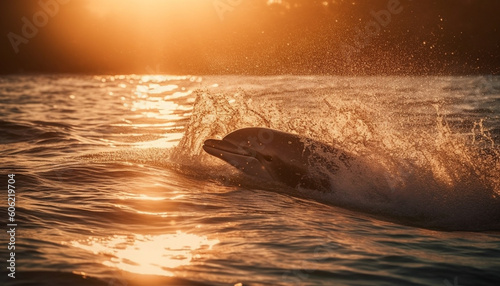 Silhouette of playful dolphin in tropical sunset generated by AI © Jeronimo Ramos