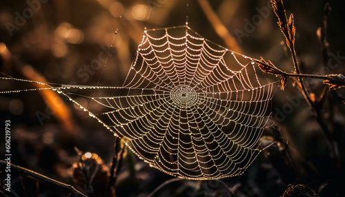 Spooky spider web captures dew drop beauty generated by AI