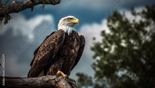 Majestic bald eagle perching on tree branch generated by AI