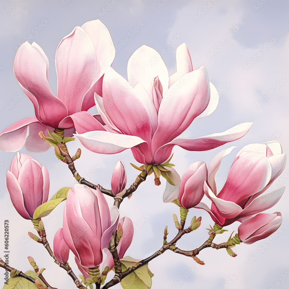 Obraz premium Digital Watercolor illustration of Magnolia Flowers. Generative AI 