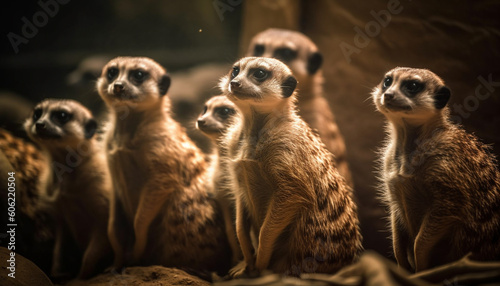 Small meerkats in a row, alert in nature generated by AI