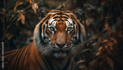 Majestic Bengal tiger staring in tropical rainforest generated by AI