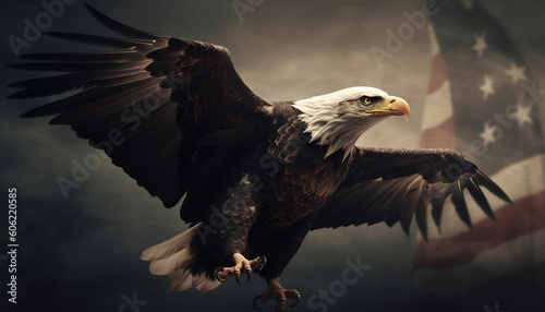 Spread wings of bald eagle in flight generated by AI