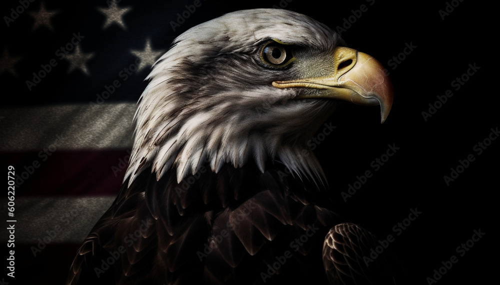 Fototapeta premium Majestic bald eagle flying with American flag generated by AI