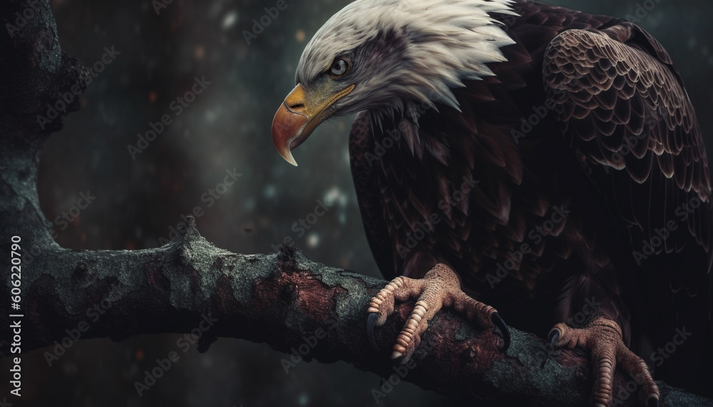 Fototapeta premium Majestic bald eagle perching on branch outdoors generated by AI