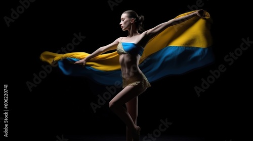 Stand for Ukraine. Young graceful classic ballerina dancing with cloth painted in blue and yellow colors of Ukraine flag on dark studio background. Art, peace, freedom. Looks weightless. Generative AI