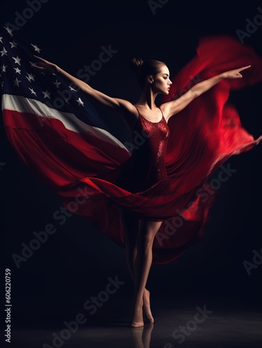 Stand for USA. Young graceful classic ballerina dancing with cloth painted in red and blue colors of American flag on dark studio background. Art, peace, freedom. Looks weightless. Generative Ai