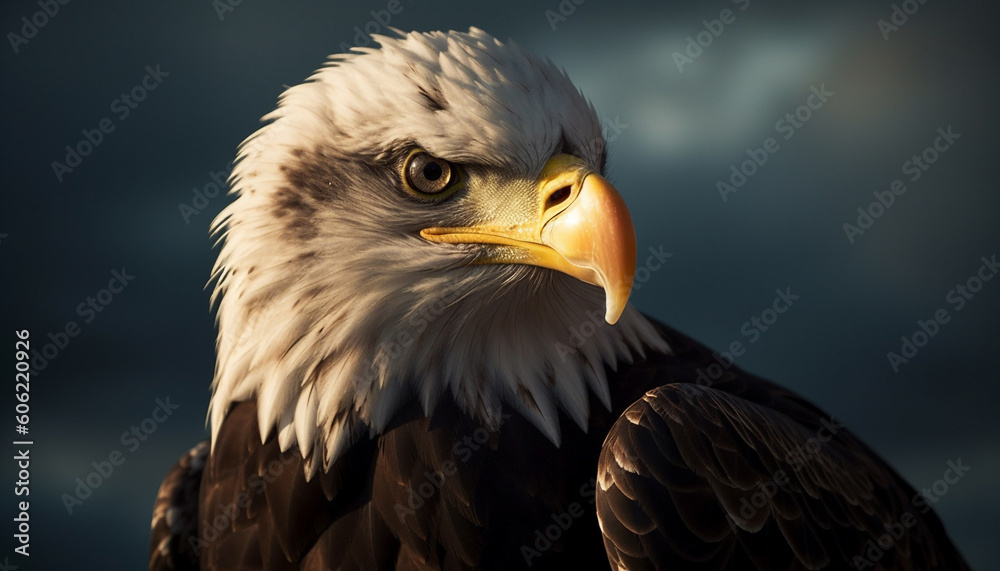 Obraz premium Majestic bald eagle perching, looking at camera generated by AI