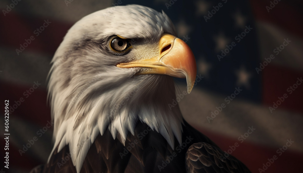 Obraz premium Majestic bald eagle perching, looking at camera generated by AI