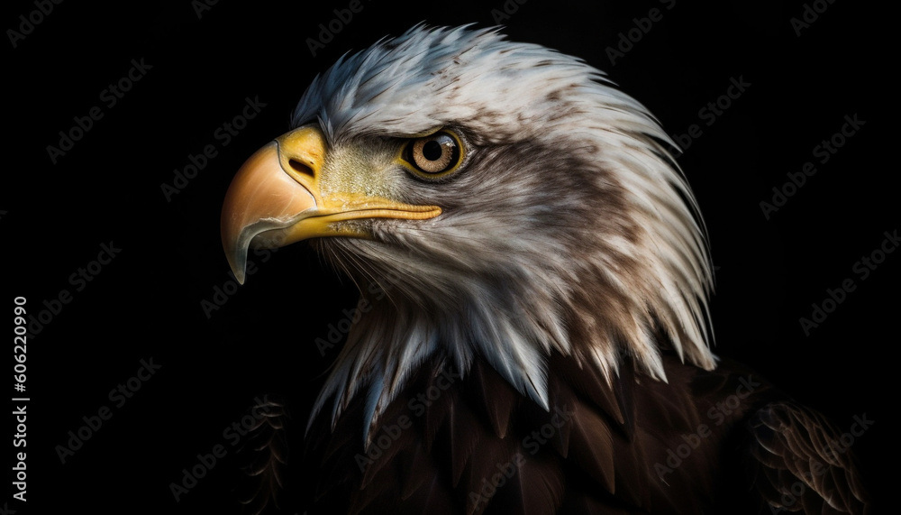 Majestic bald eagle staring, sharp beak, flying generated by AI Majestic bald eagle staring, sharp beak, flying generated by AI