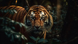 Majestic Bengal tiger staring, hiding in wilderness generated by AI