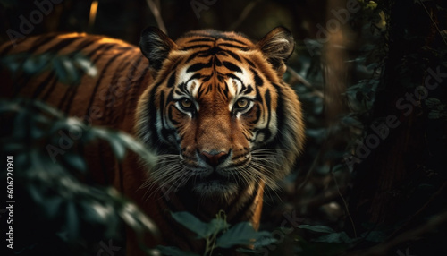 Majestic Bengal tiger staring, hiding in wilderness generated by AI