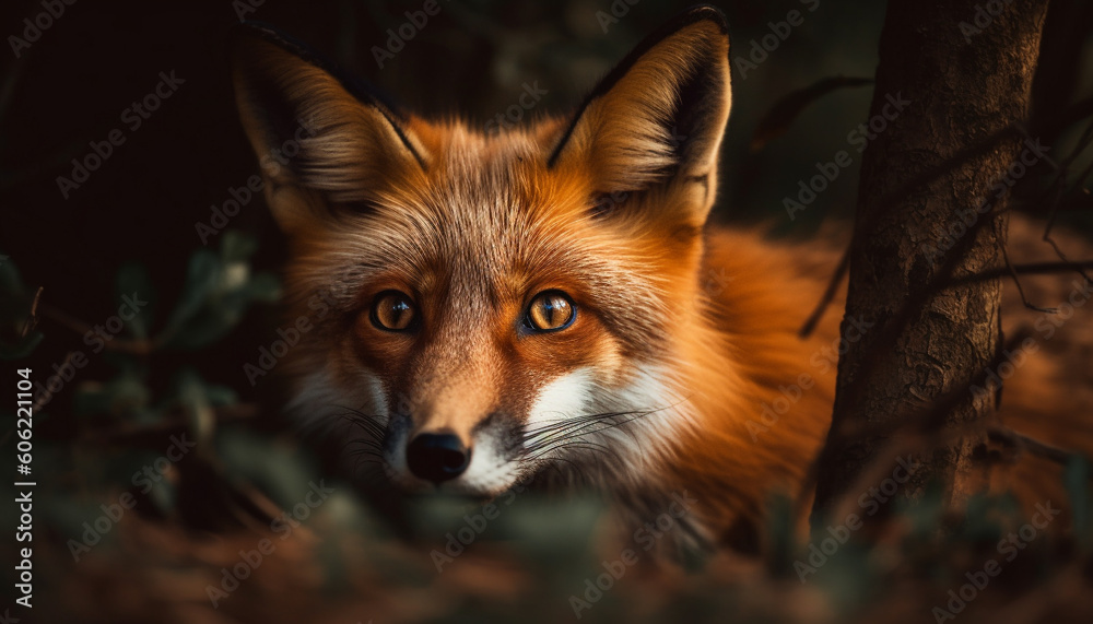 Fluffy red fox sitting in snowy forest generated by AI
