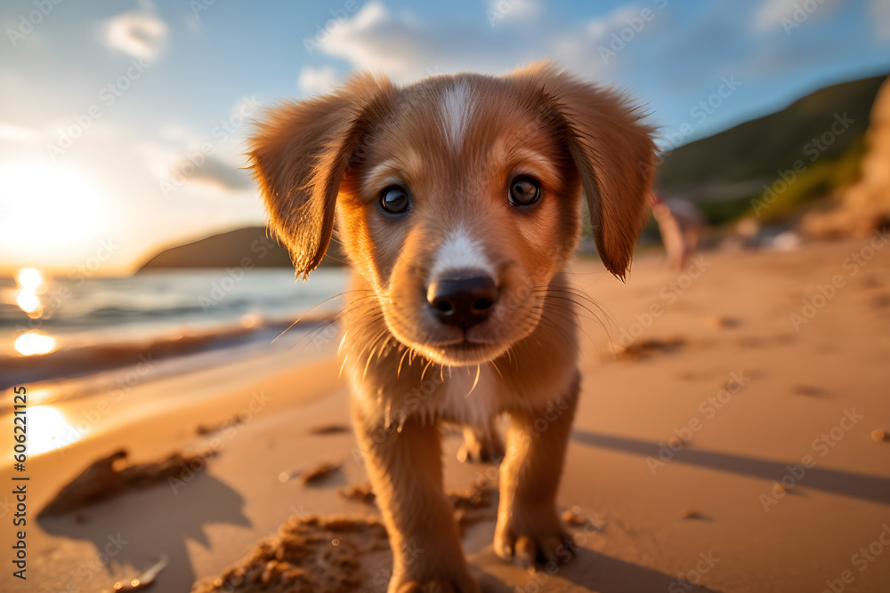 Cute Collie puppy on beach at sunset close up portrait