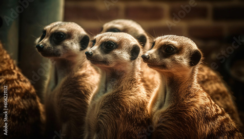 Small cute meerkats standing in a row outdoors generated by AI