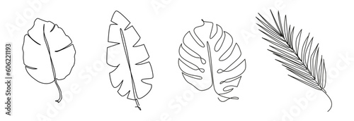Tropical leaves one line drawing.Continuous line drawing of tropical palm leaf.Single one line exotic palm leaf .Leaves outline sketch.Jungle plant leaf line art.Set tropical leaves.