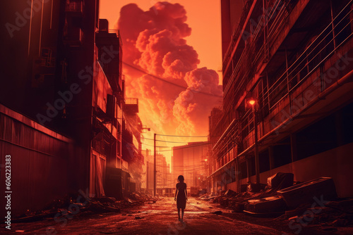 heat in the city, Woman standing and looking at smoked polluted atmosphere from emissions of plants and factories, created with Generative AI Technology