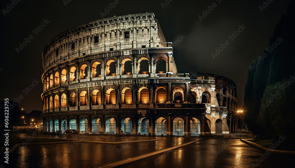 Majestic architecture illuminated at night, a landmark reflection generated by AI