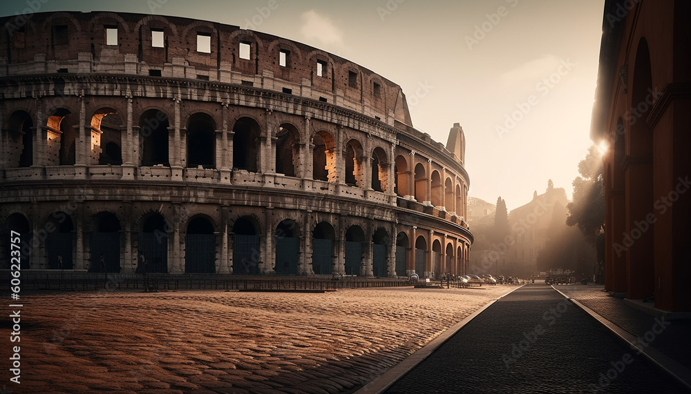 Ancient arch illuminated by sunset in Rome generated by AI