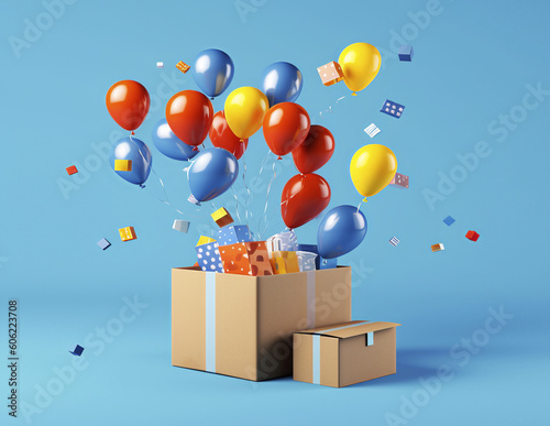 Balloons flying out of a cardboard box. Generative AI. © Aimages